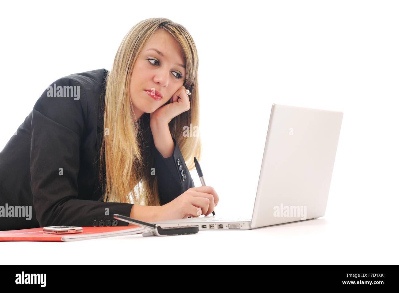 one young teen woman girl work on laptop isolated Stock Photo - Alamy