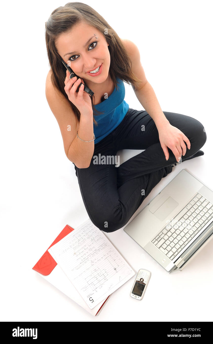 one young teen woman girl work on laptop isolated Stock Photo - Alamy