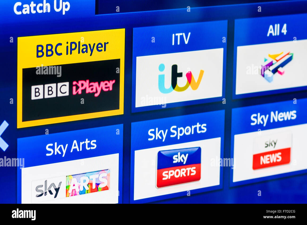 BBC Iplayer, ITV player, All4 player and Sky catchup Television players on a Sky+ HD settop box. Stock Photo