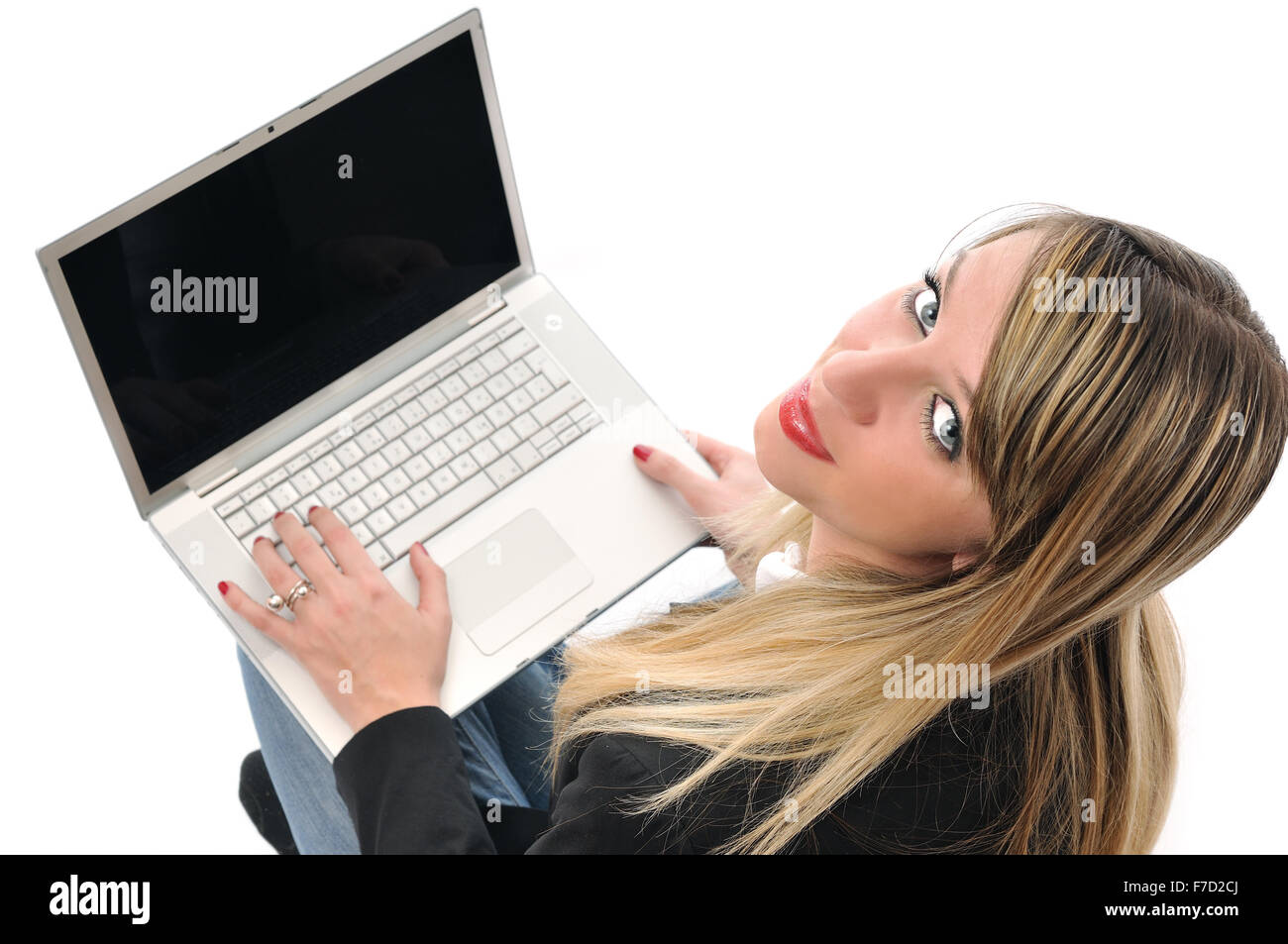one young teen woman girl work on laptop isolated business Stock Photo ...