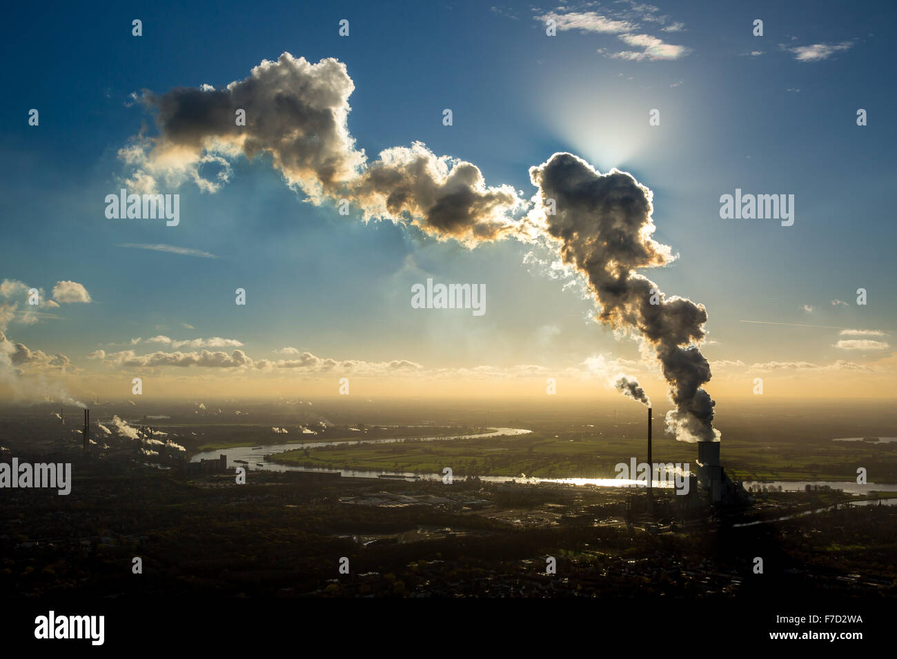 Coal plant, STEAG power plant Walsum, Duisburg-Walsum, before Rheinbogen at Beekerwerth and Marxloh, Backlit, Cloud of Smoke, Stock Photo