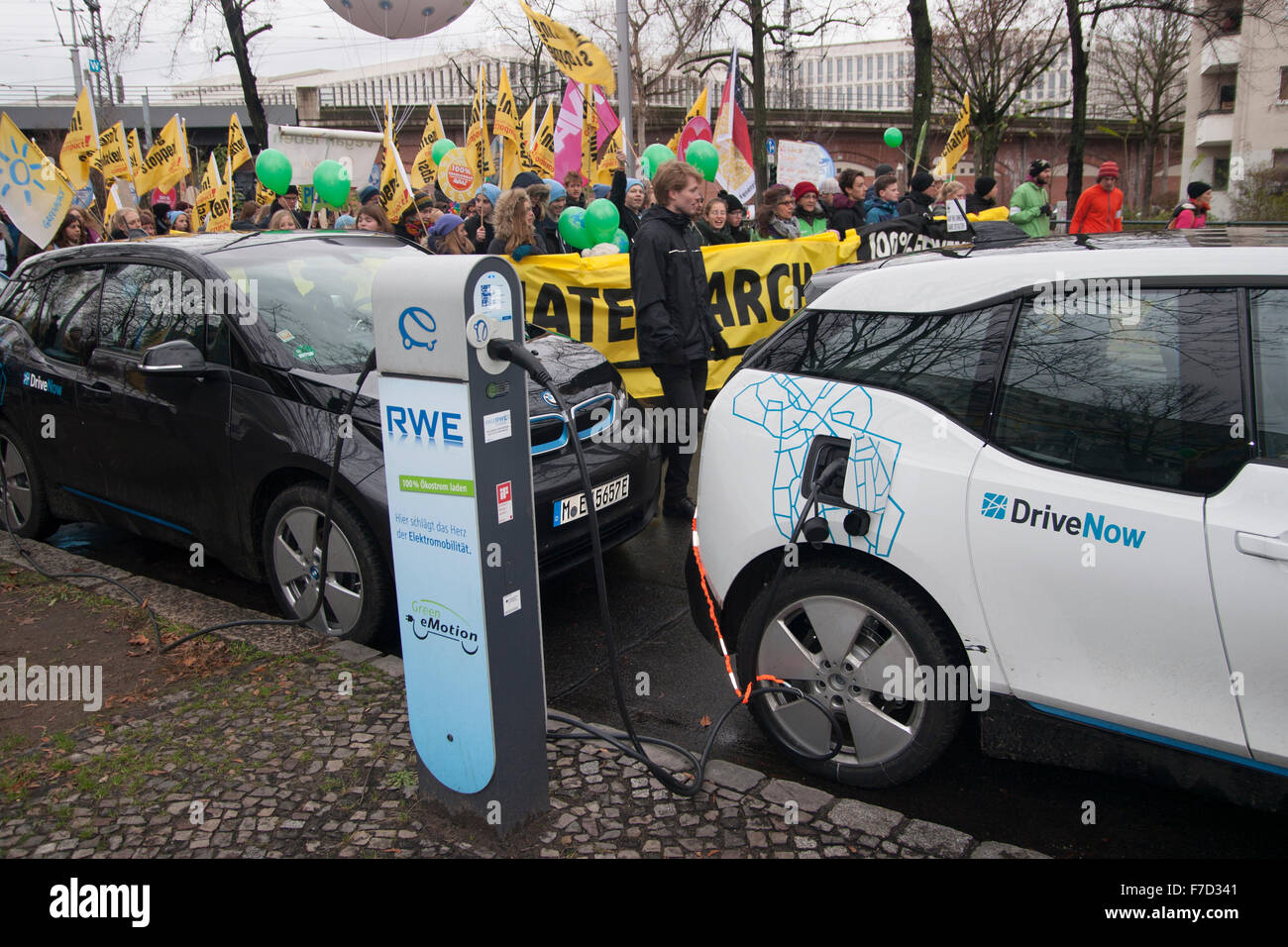 Global Climate March Berlin. Berlin, Germany. Charging e-cars. Stock Photo