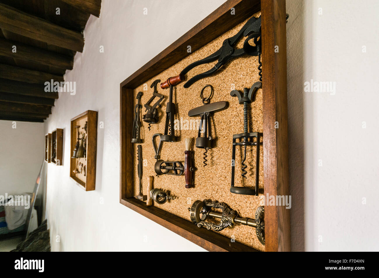 Antique wine bottle corkscrews on display in picture frames at a