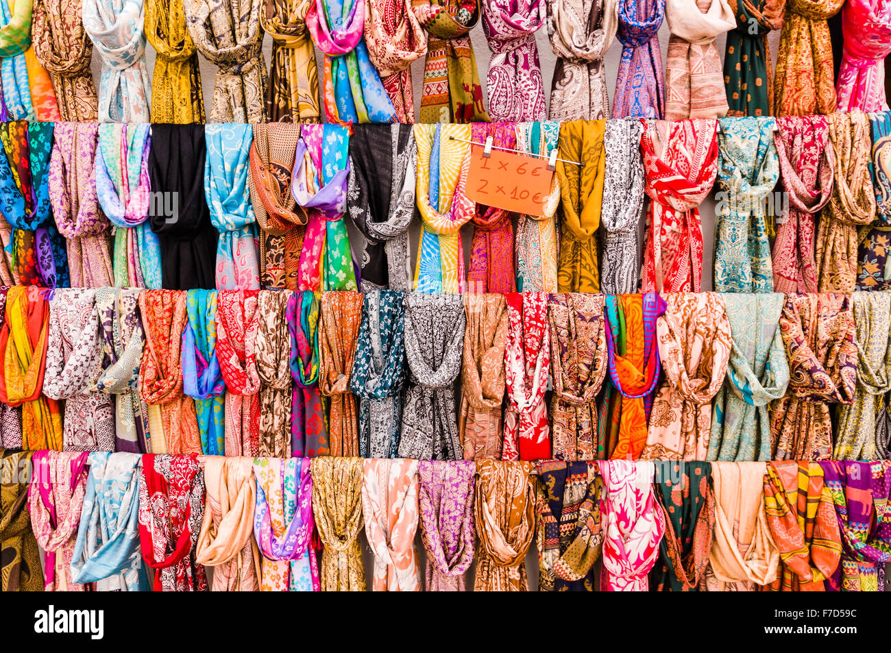 Silk scarves for sale at a Spanish market Stock Photo Alamy