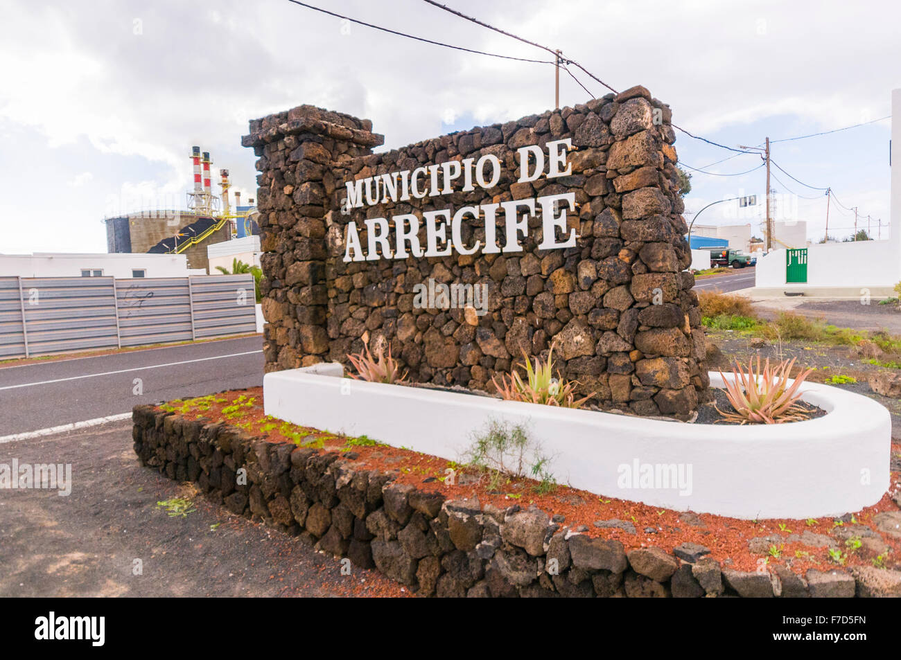 Sign for the Municipio de Arrecife, Lanzarote, on the approach to the main power station. Stock Photo