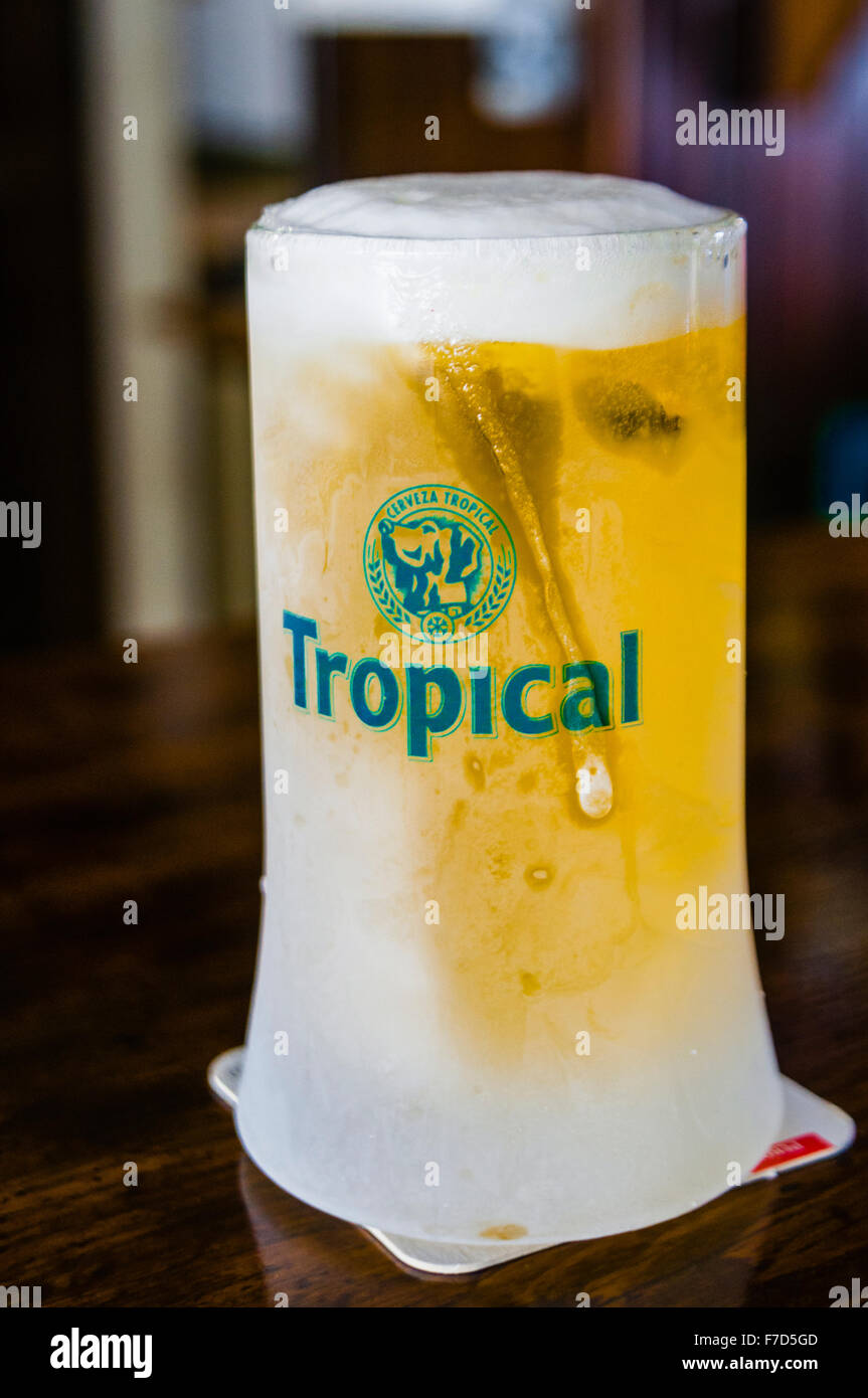 Ice cold Tropical beer local to the Canary Islands, and brewed by Compañía Cervecera de Canarias in Tenerife Stock Photo