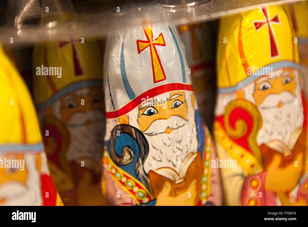 Chocolate figures of Saint Nicholas displayed in a supermarket shelf. Stock Photo