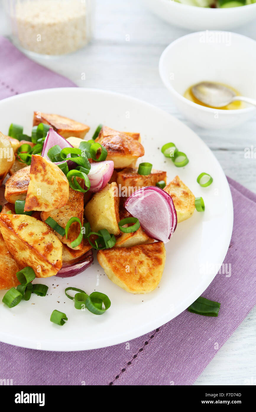 roasted potato with green onion, food closeup Stock Photo
