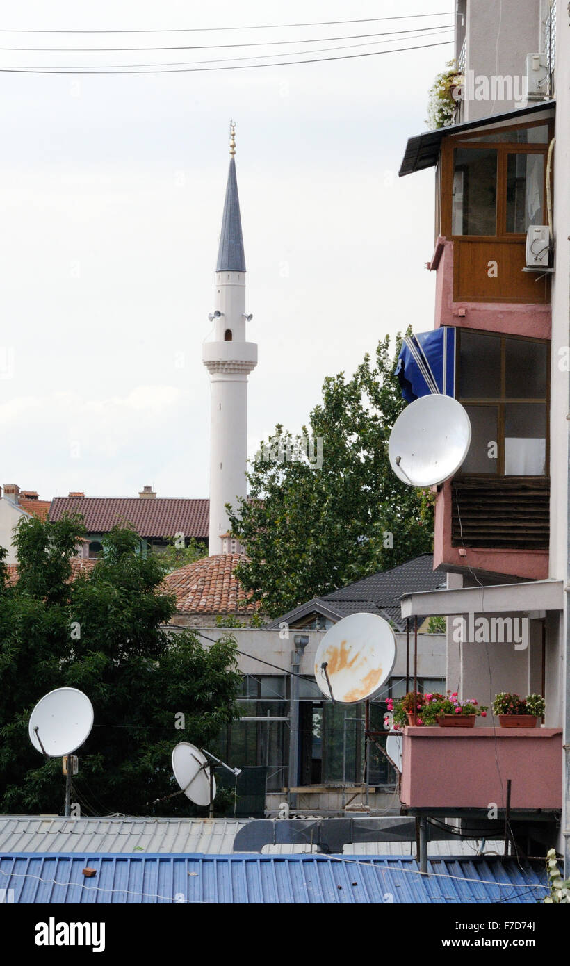 Minaret and satellite dishes . Prizren, Kosovo. Stock Photo