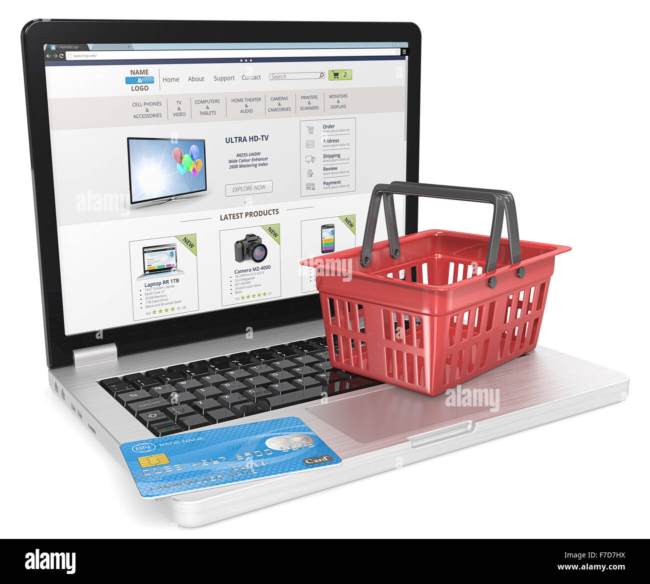 Laptop with Credit Card and Blue Shopping Basket. Sample Web Sop. No branded Computer. Generic Name, Numbers and Logos on Credit Stock Photo