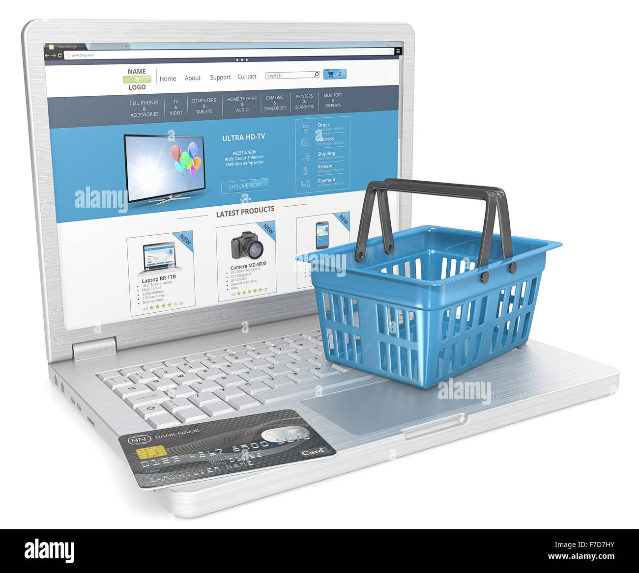 Laptop with Credit Card and Blue Shopping Basket. Sample Web Sop. No branded Computer. Generic Name, Numbers and Logos on Credit Stock Photo