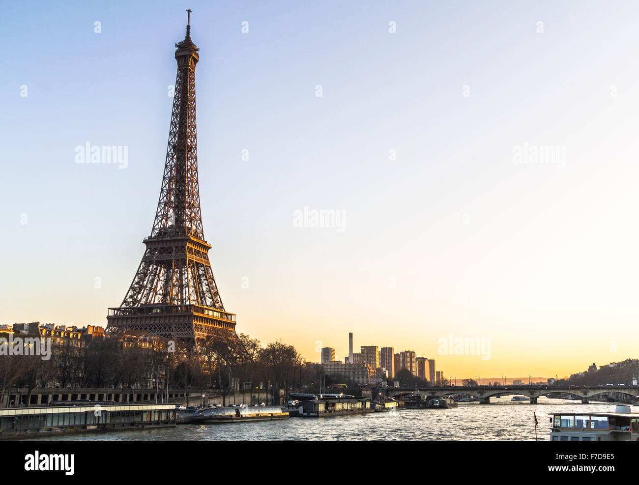 Eiffel Tower view from river at sunset Stock Photo