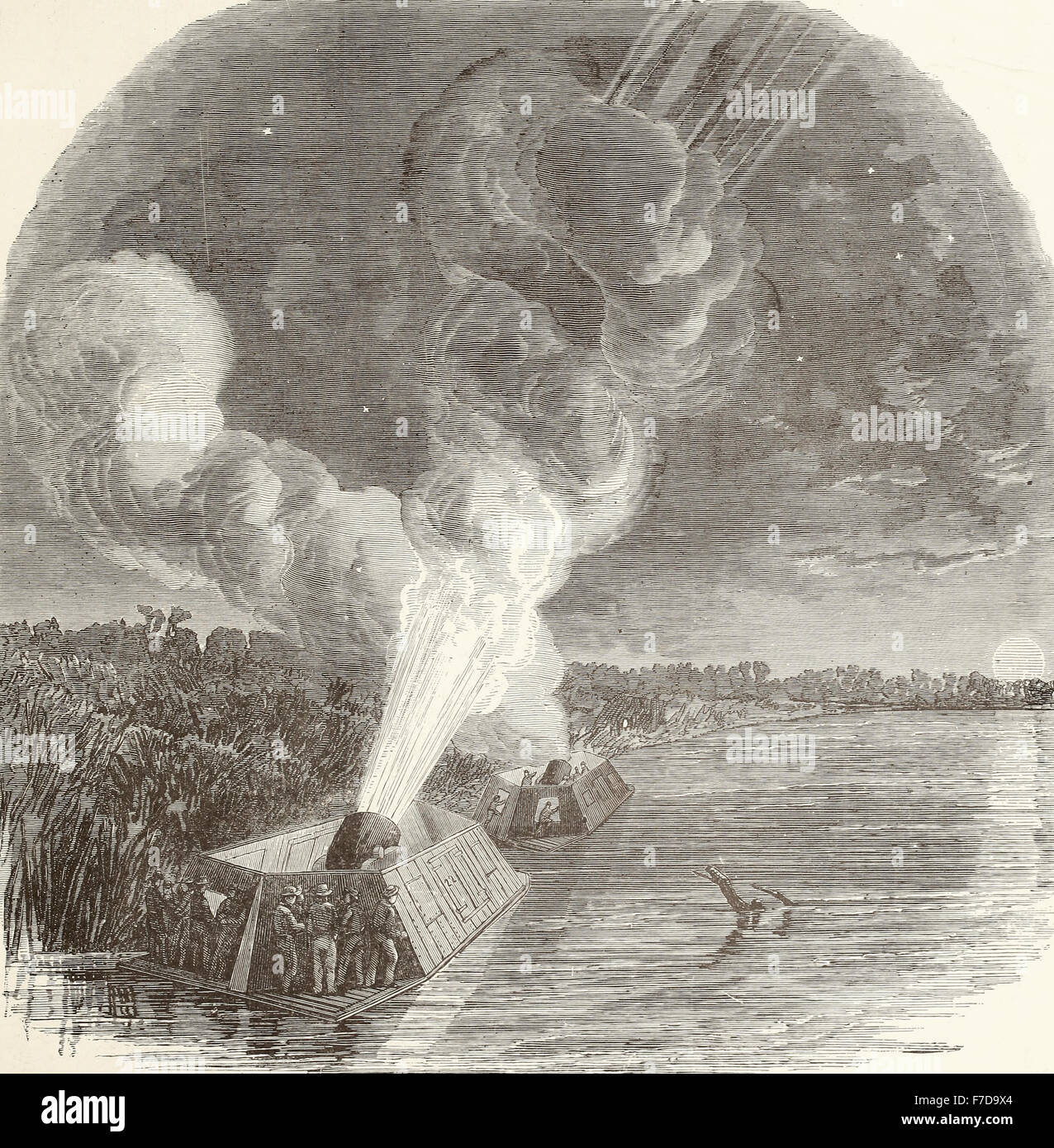 Siege of Island No. 10 on the Mississippi River - Night Bombardment by the Federal Mortar boats - 10 PM - March 18th 1862 - USA Civil War Stock Photo