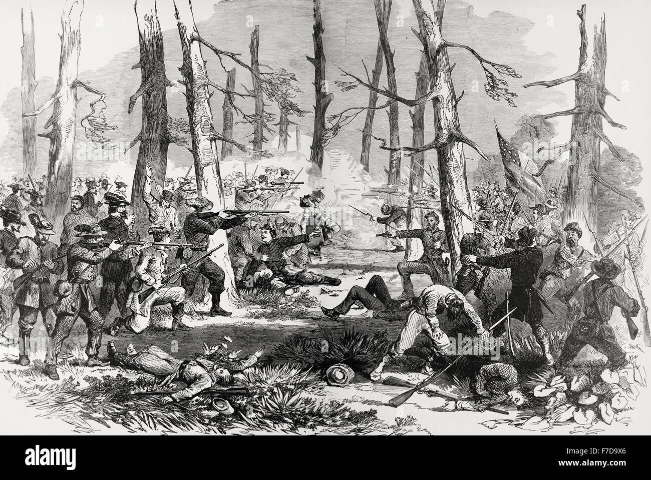 Gallant attack by 150 of the Pennsylvania Bucktails, led by Colonel Kane, upon a portion of General Stonewall Jackson's Confederate Army, strongly posted in the woods, near Harrisonburg, Friday, June 6th, 1862. USA Civil War Stock Photo