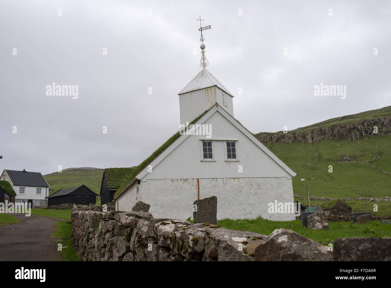 White church on Mykines on Mykines as seen from outside Stock Photo