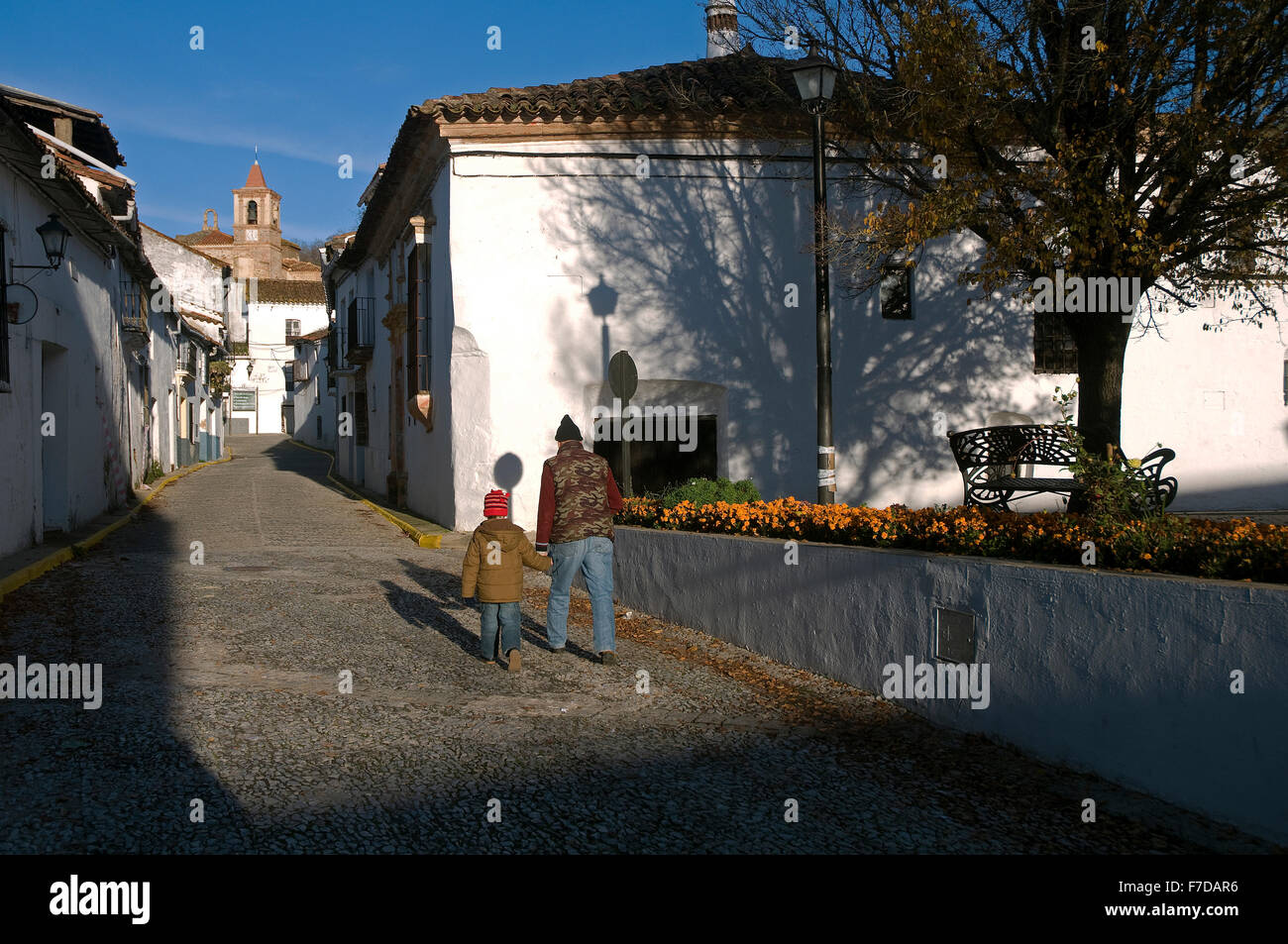 Urban view with church, Castaño del Robledo, Huelva province, Region of Andalusia, Spain, Europe Stock Photo
