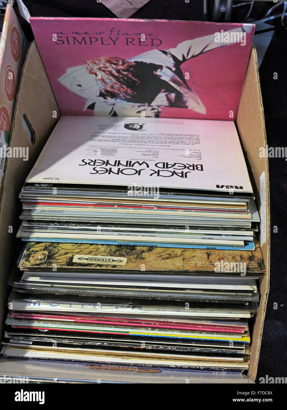 Box of old LP 12' Vinyl Records, local market England Stock Photo