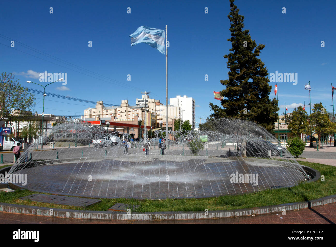 Fountain in Trelew with Argentinian flag in the middle Stock Photo