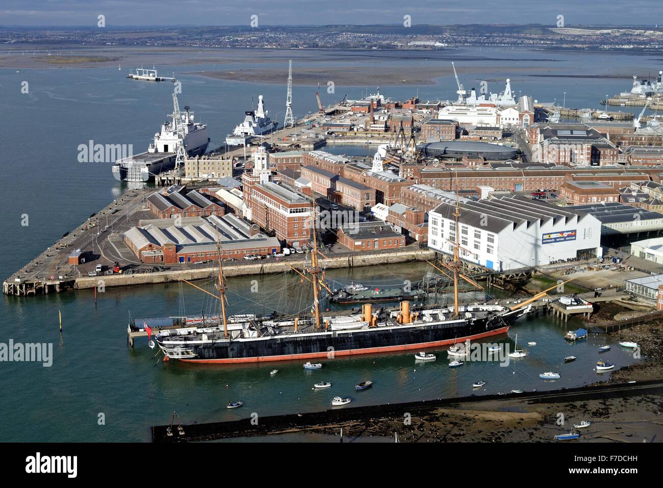 Birds eye view of Portsmouth naval dockyard Hampshire UK Stock Photo