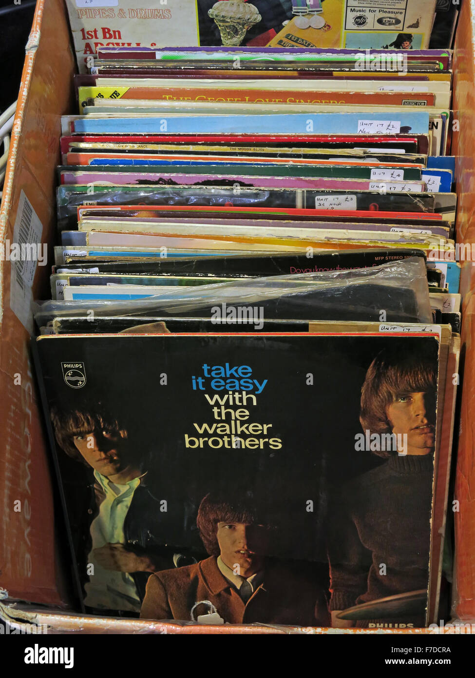 Box of old LP 12' Vinyl Records, local market England Stock Photo