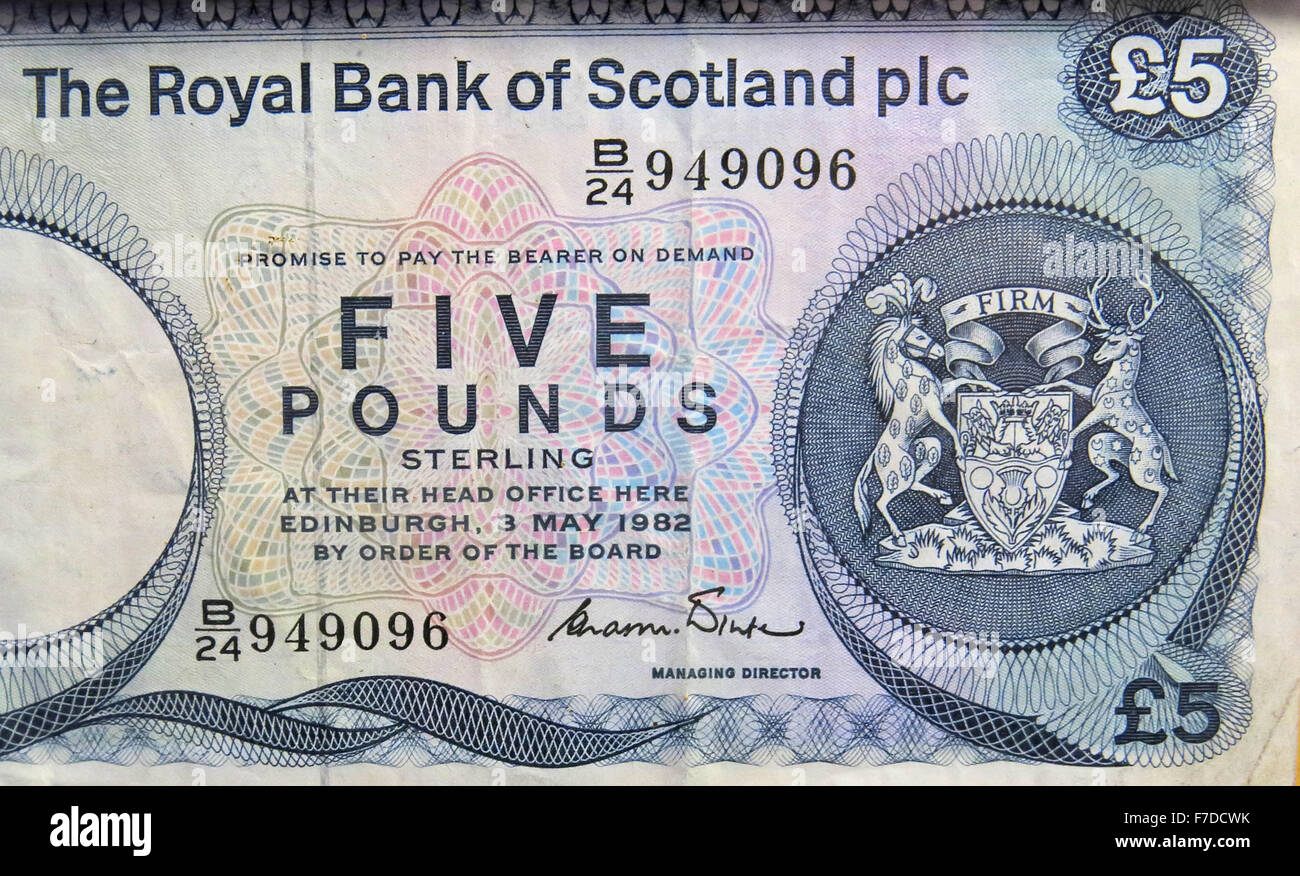 Old Royal Bank Of Scotland PLC,£5,note 1972 to 1981, UK Stock Photo