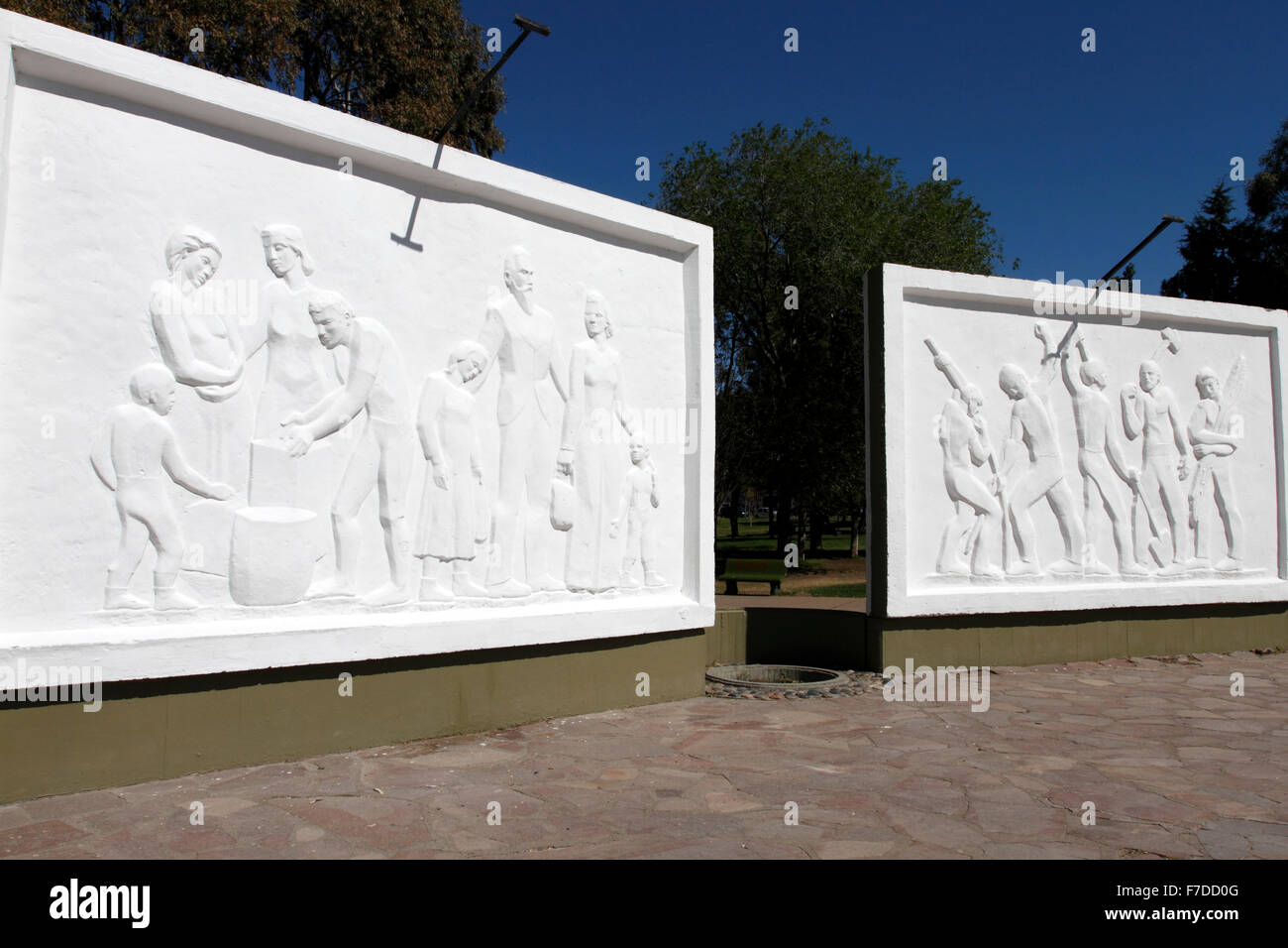 Relief panels commemorating the arrival of the Welsh in Patagonia. Telew, Chubut Province, Argentina. Stock Photo