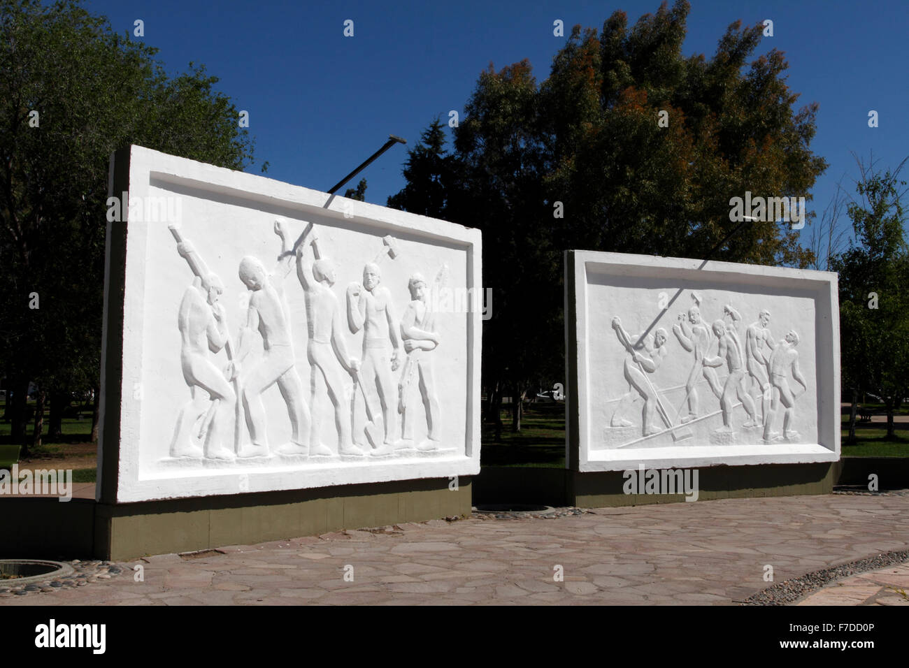 Relief panlels commemorating the arrival of the Welsh in Patagonia, and the construction of the railway. Telew, Chubut Province, Stock Photo