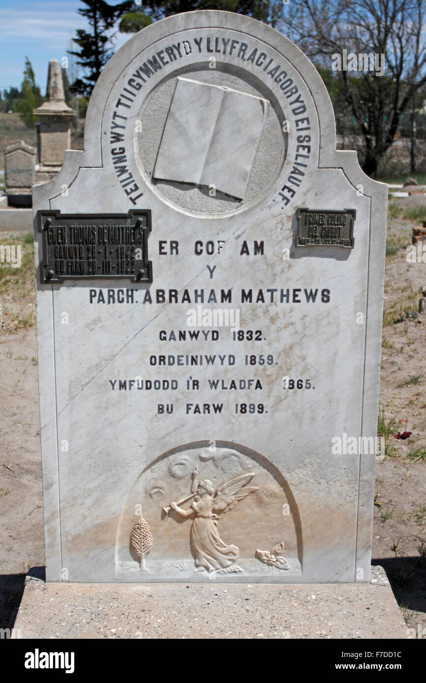 Gravestone of Abraham Matthews, in Trelew Graveyard, one of the first of the Welsh colonists of Patagonia in 1865 Stock Photo
