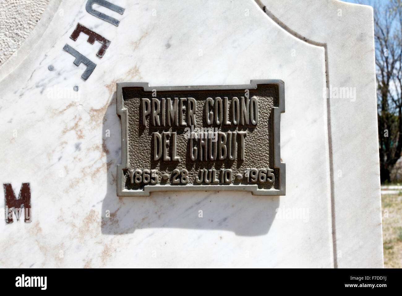 Primer colono del chubut. First colonist of Chubut plaque on a gravestone. Stock Photo