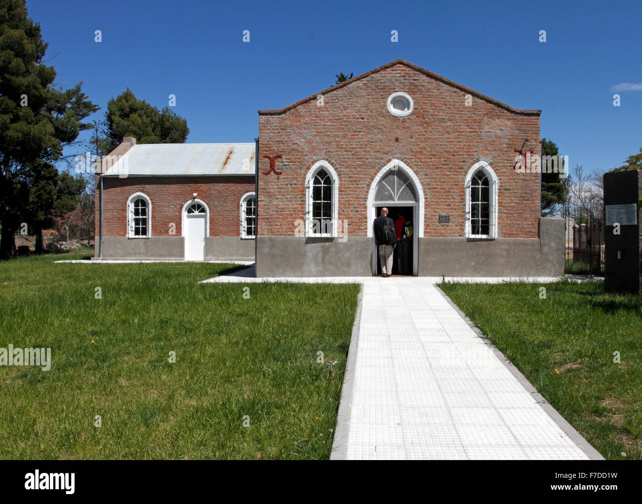 Moriah Chapel with a visitor entering the chapel, Trelew, Chubut, Patagonia Argentina Stock Photo