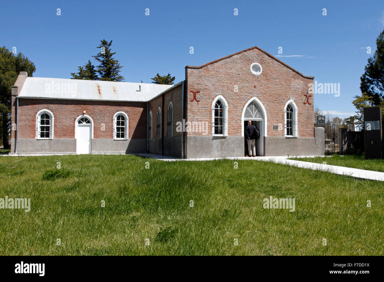Moriah Chapel with a visitor entering the chapel, Trelew, Chubut, Patagonia Argentina Stock Photo