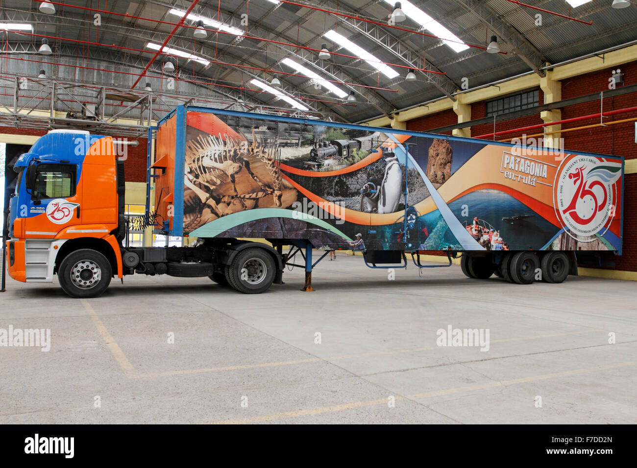 Truck with Advertising on the side for the Patagonia 150 years celebrations. Predio Ferial Trelew Chubut Patagonia Argentina Stock Photo