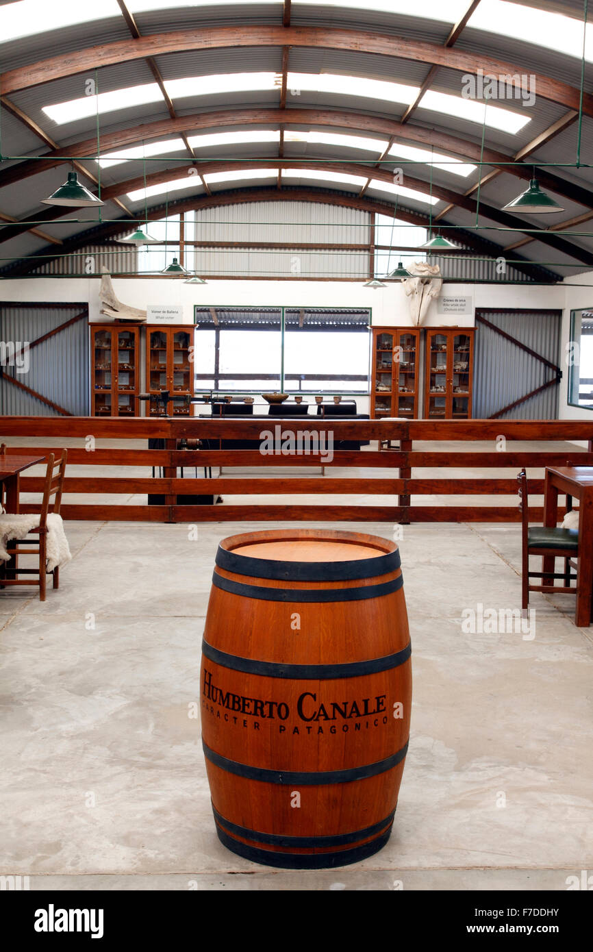 Wine barrel from the Humberto Canale winery in the middle of a converted wool warehouse. Chubut Patagonia Argentina Stock Photo
