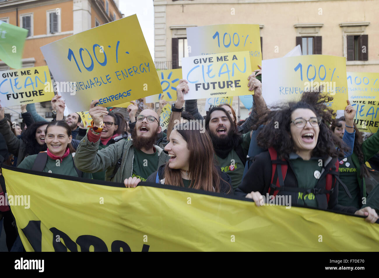 Nov. 29, 2015 - Europe, Italy, Rome, november 29, 2015 :Demonstrators march during a rally calling for action on climate change on November 29, 2015 in Rome a day before the launch of the COP21 conference in Paris. Some 150 leaders including US President Barack Obama, China's Xi Jinping, India's Narendra Modi and Russia's Vladimir Putin will attend the start of the UN conference Monday, tasked with reaching the first truly universal climate pact. The goal is to limit average global warming to two degrees Celsius (3.6 degrees Fahrenheit), perhaps less, over pre-Industrial Revolution levels by c Stock Photo