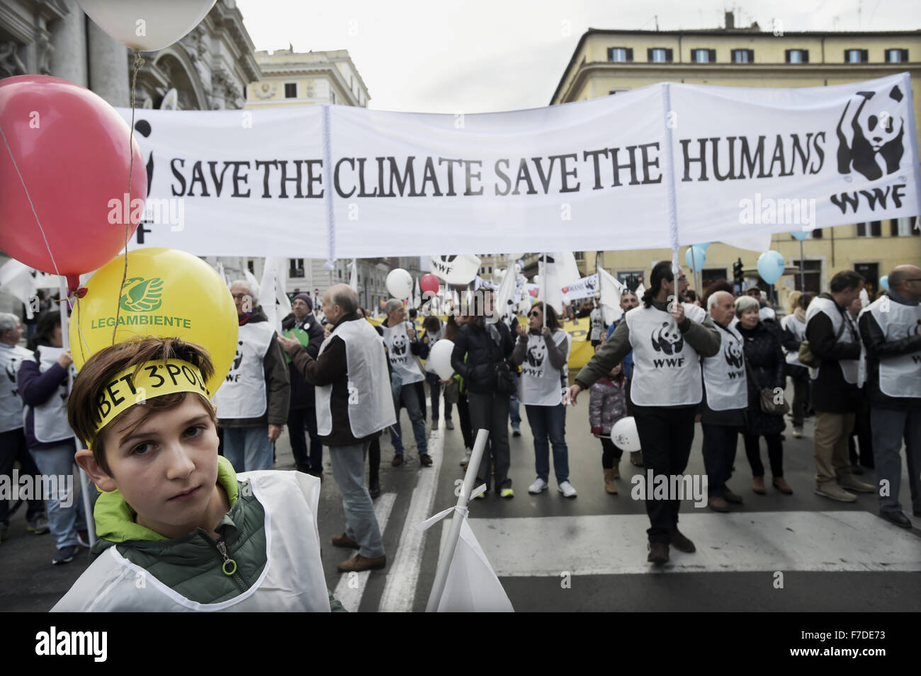 Nov. 29, 2015 - Europe, Italy, Rome, november 29, 2015 :Demonstrators march during a rally calling for action on climate change on November 29, 2015 in Rome a day before the launch of the COP21 conference in Paris. Some 150 leaders including US President Barack Obama, China's Xi Jinping, India's Narendra Modi and Russia's Vladimir Putin will attend the start of the UN conference Monday, tasked with reaching the first truly universal climate pact. The goal is to limit average global warming to two degrees Celsius (3.6 degrees Fahrenheit), perhaps less, over pre-Industrial Revolution levels by c Stock Photo