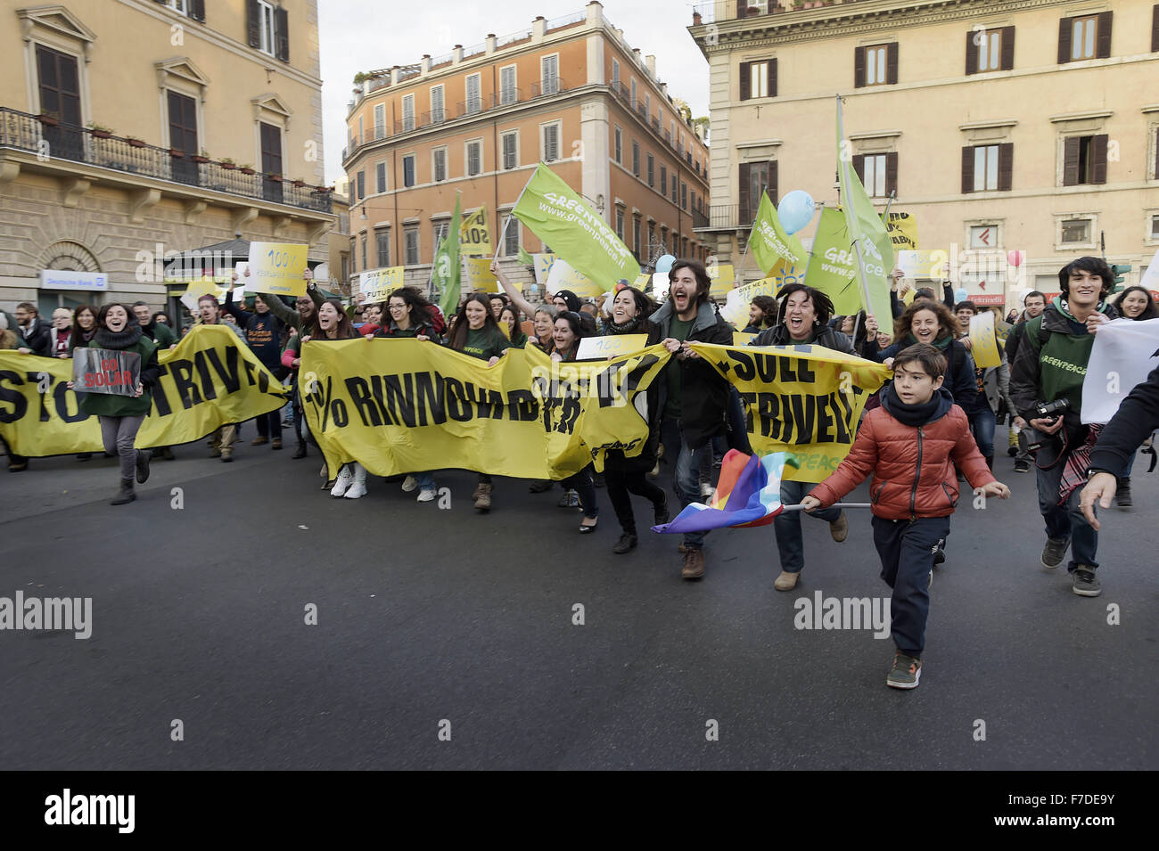 Nov. 29, 2015 - Europe, Italy, Rome, november 29, 2015 :Demonstrators march during a rally calling for action on climate change on November 29, 2015 in Rome a day before the launch of the COP21 conference in Paris. Some 150 leaders including US President Barack Obama, China's Xi Jinping, India's Narendra Modi and Russia's Vladimir Putin will attend the start of the UN conference Monday, tasked with reaching the first truly universal climate pact. The goal is to limit average global warming to two degrees Celsius (3.6 degrees Fahrenheit), perhaps less, over pre-Industrial Revolution levels by c Stock Photo