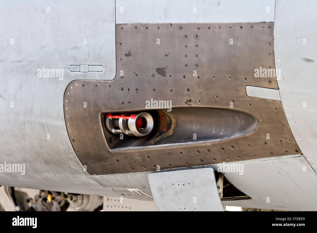 27 mm (1.063 in) Mauser BK-27 revolver cannon internally mounted underneath the fuselage on an RAF Panavia Tornado ADV F.3 jet. Stock Photo
