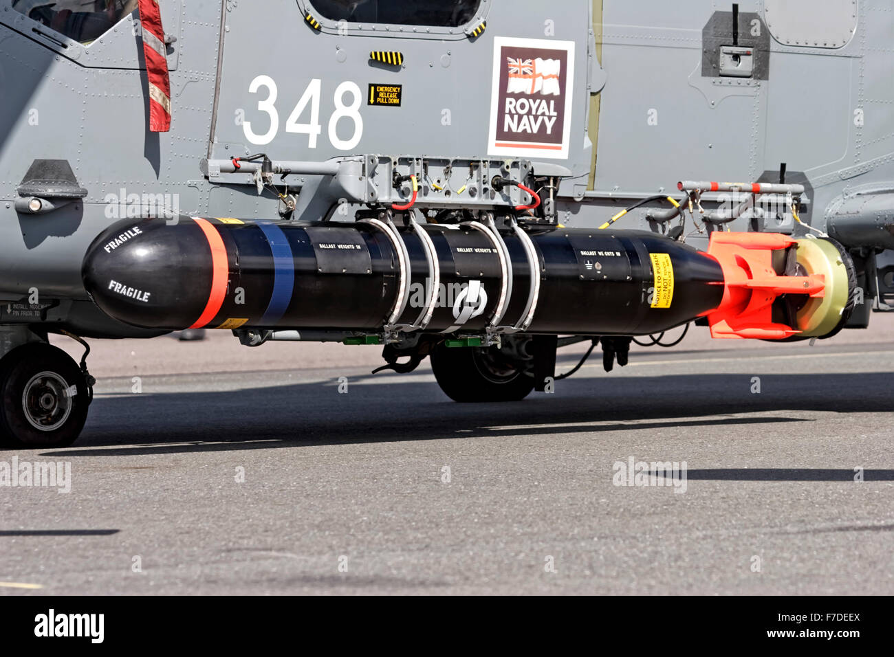 A Sting Ray Anti-Submarine Warfare Torpedo mounted to an 815 Naval Air Squadron Royal Navy HAS.8 Lynx Helicopter. Stock Photo