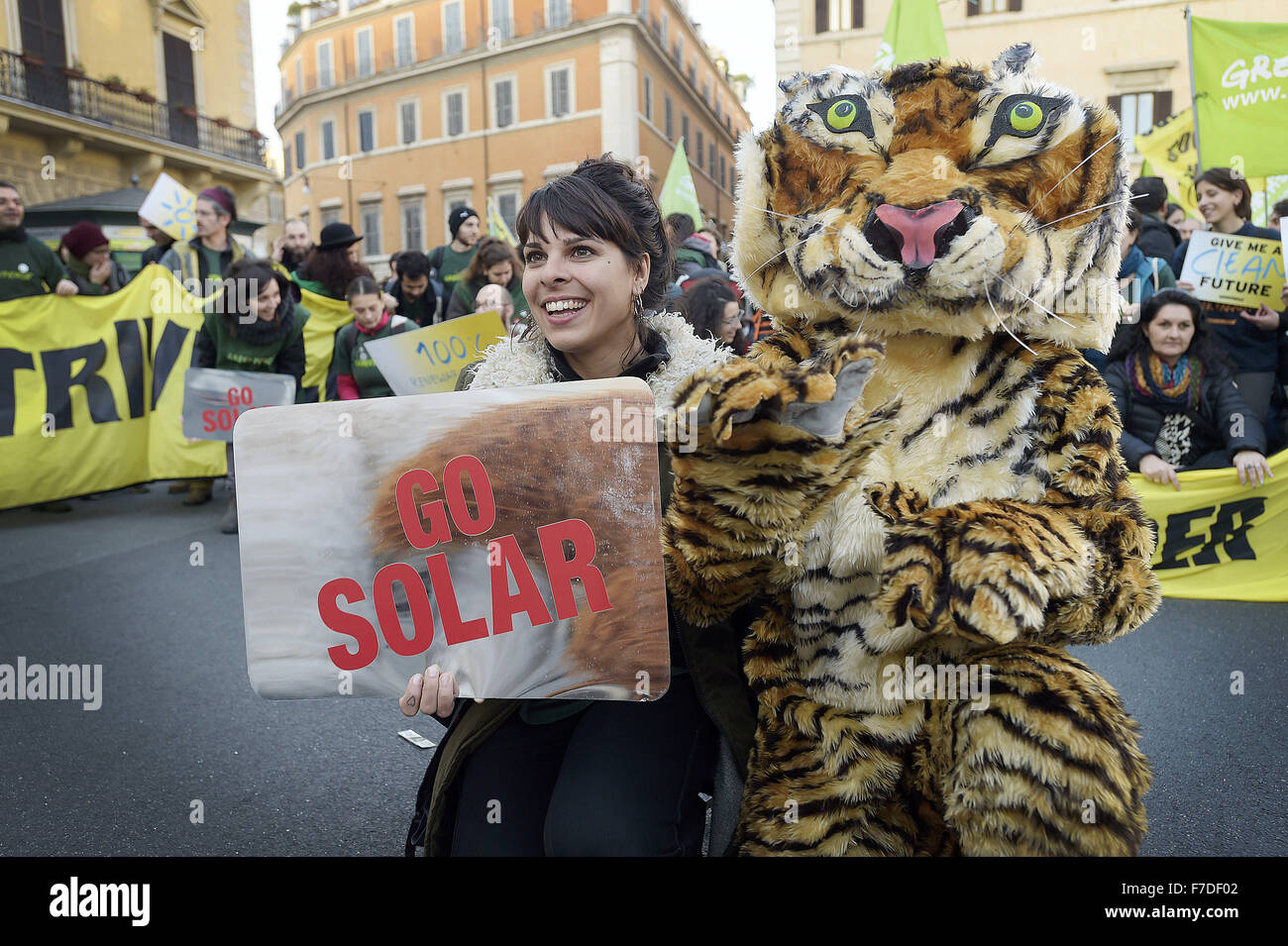 Nov. 29, 2015 - Europe, Italy, Rome, november 29, 2015 :Demonstrators march during a rally calling for action on climate change on November 29, 2015 in Rome a day before the launch of the COP21 conference in Paris. Some 150 leaders including US President Barack Obama, China's Xi Jinping, India's Narendra Modi and Russia's Vladimir Putin will attend the start of the UN conference Monday, tasked with reaching the first truly universal climate pact. The goal is to limit average global warming to two degrees Celsius (3.6 degrees Fahrenheit), perhaps less, over pre-Industrial Revolution levels by c Stock Photo