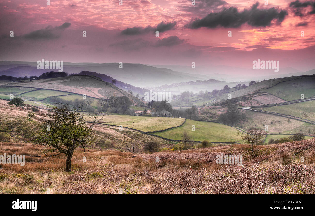 ringinglow view over hope valley in the peak district sheffield travel yorkshire sunset Stock Photo
