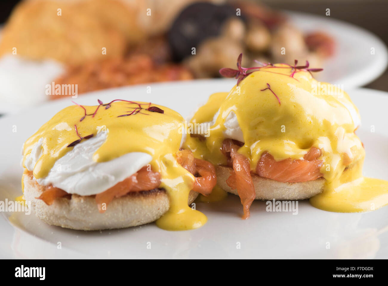 Eggs Royale breakfast consisting of an English muffin, smoked salmon