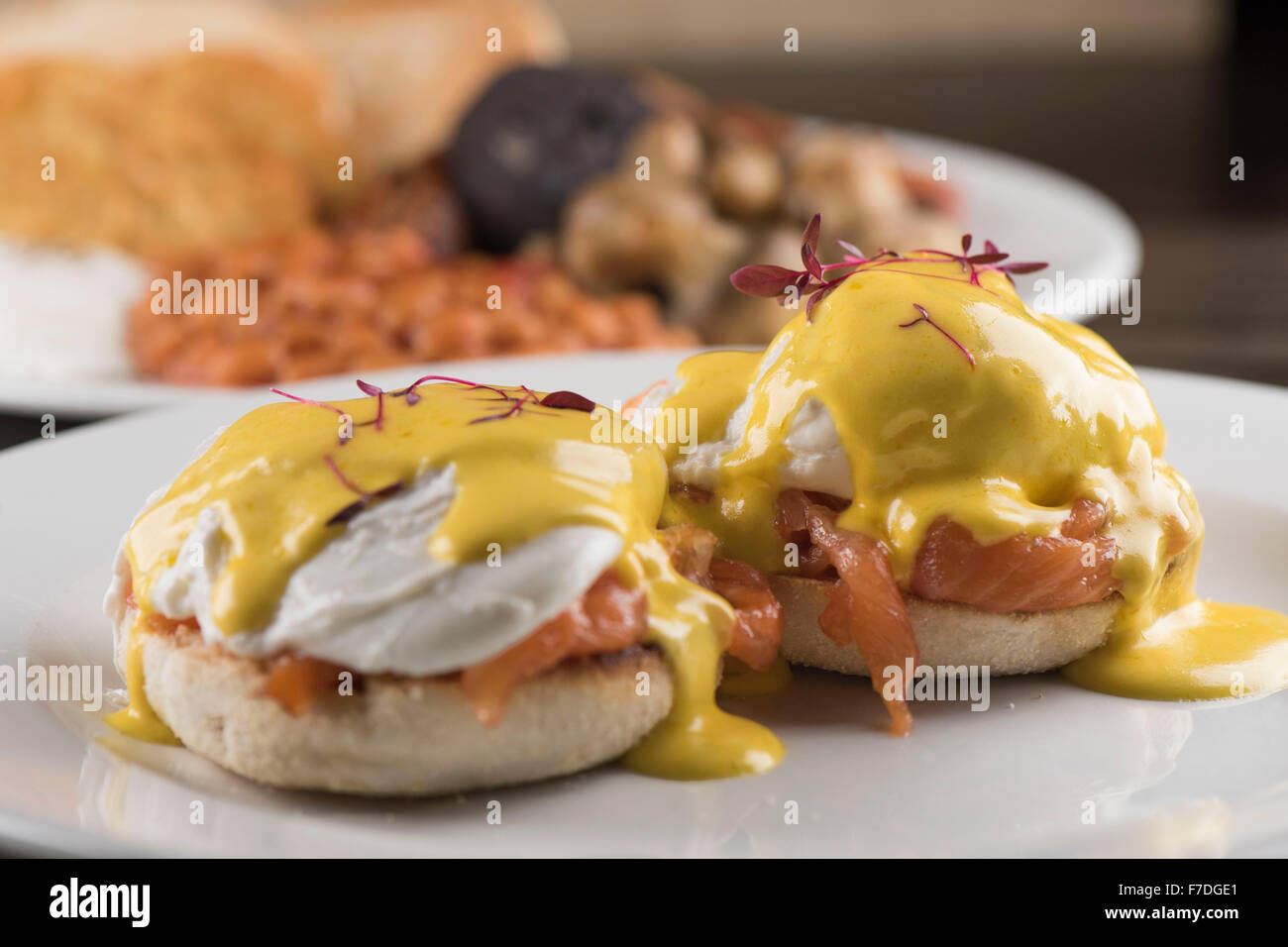 Eggs Royale breakfast consisting of an English muffin, smoked salmon