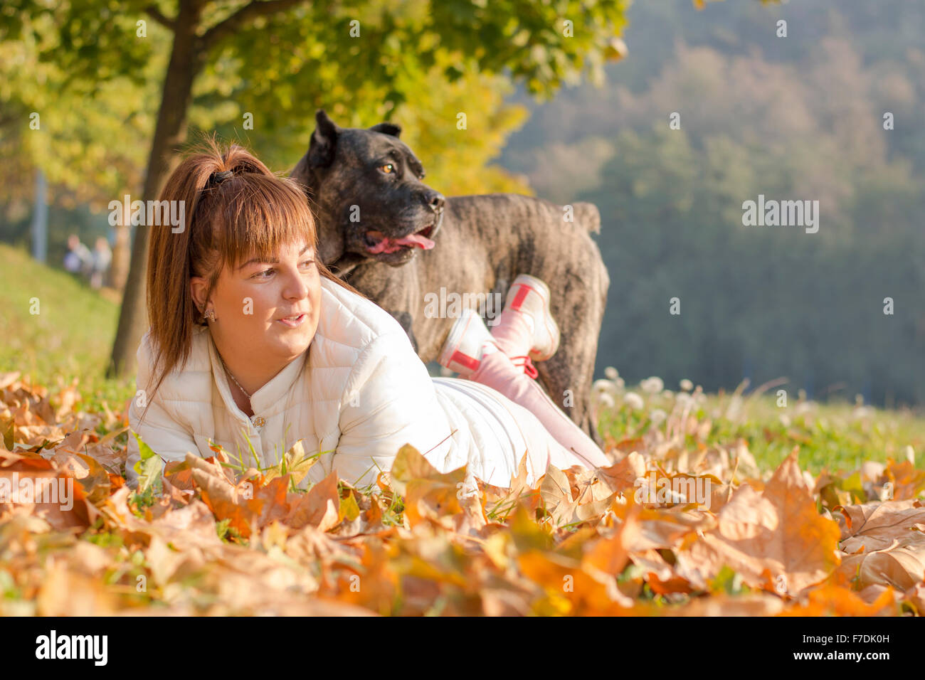 Girl and her Cane Corso dog enjoying sunny autumn day in the park Stock Photo
