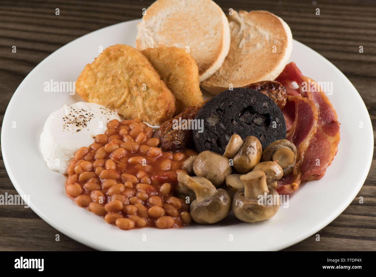 A traditional English Sunday breakfast consisting of beans, mushrooms
