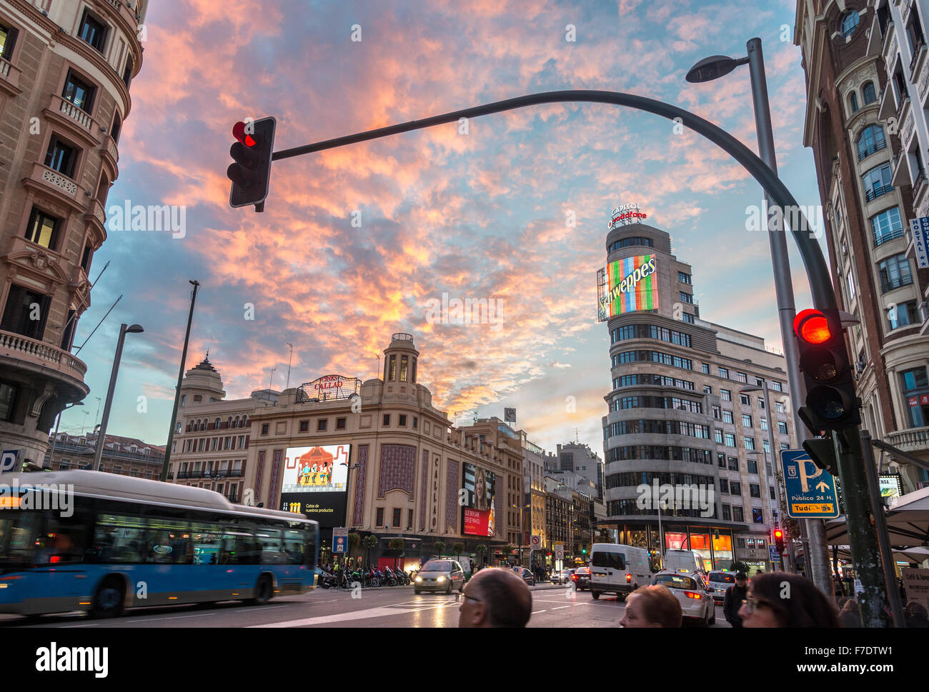 The Gran Via, in the heart of Madrid's shopping district, with Carrion building and Cine Callao in the background. Madrid, Spain Stock Photo