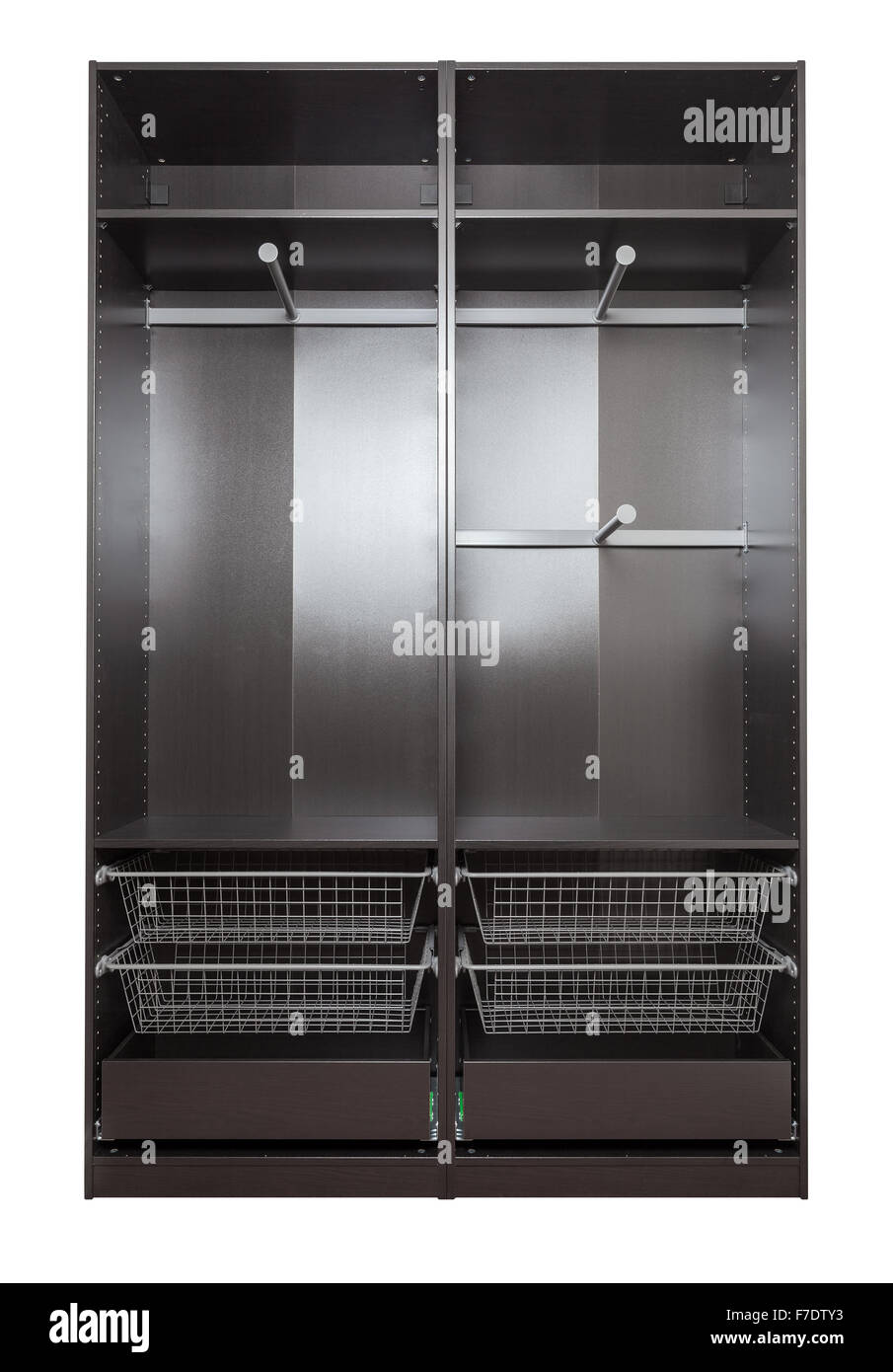 Brown-black Wardrobe interior with drawers, rails and trays . Isolated ...