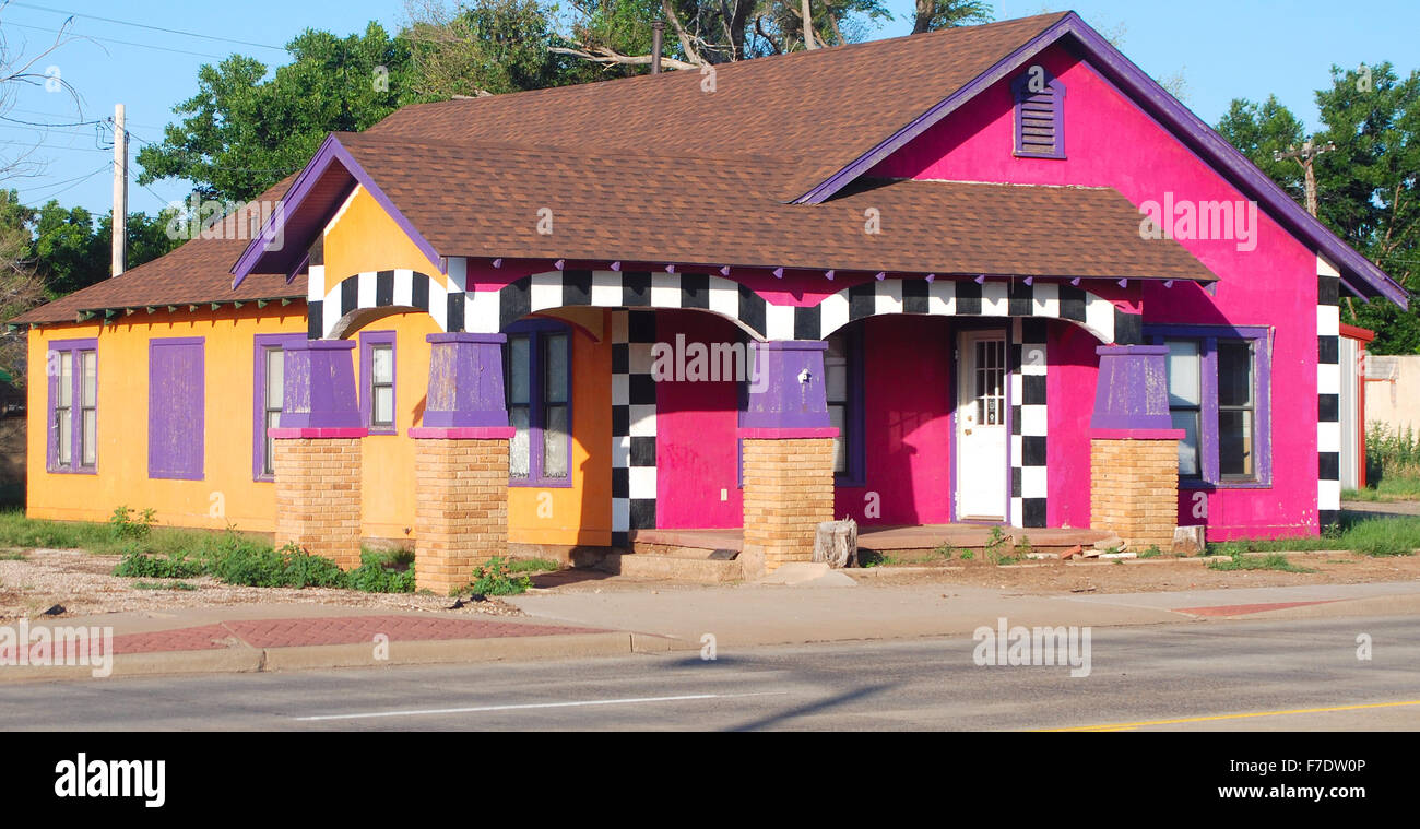 Unique Pink and purple house along highway 287 in Childress, Texas, USA. Stock Photo