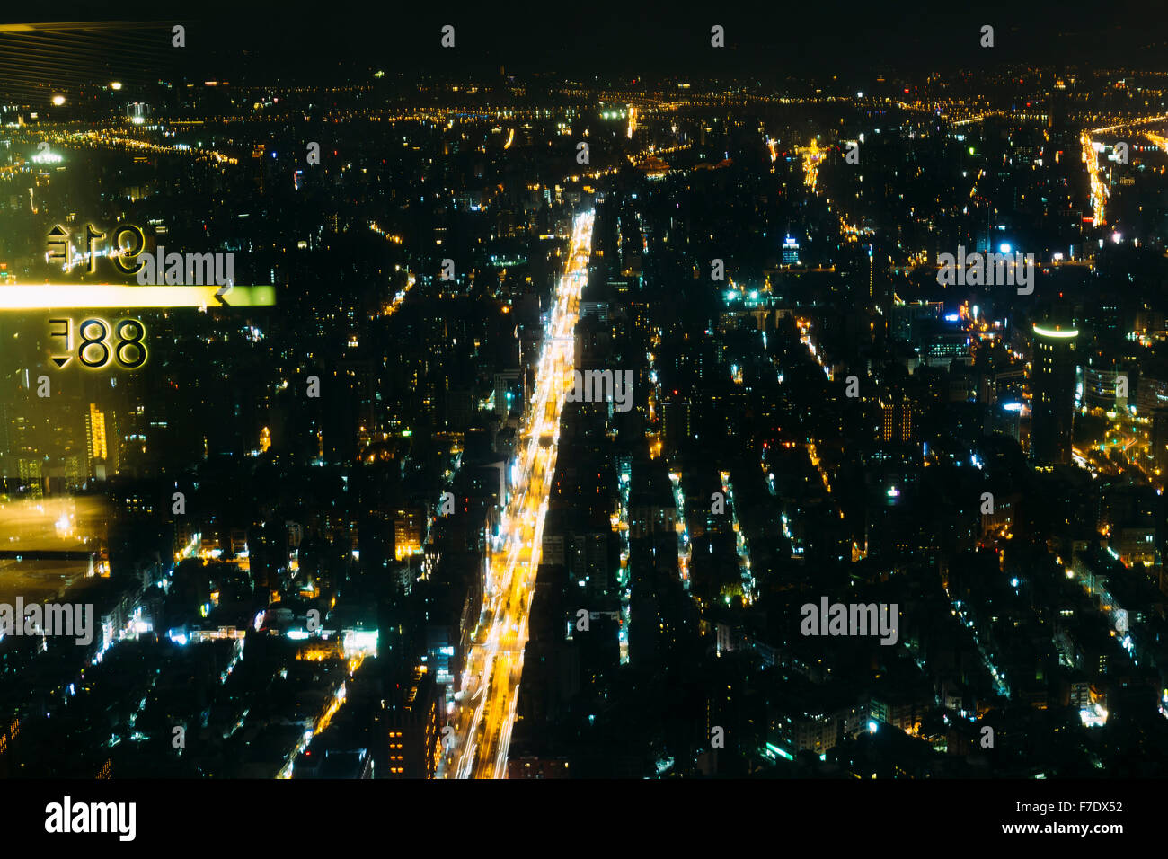 Taipei, Taiwan - Night view of Taipei city, seeing from 101 Tower at 89th floor. Stock Photo