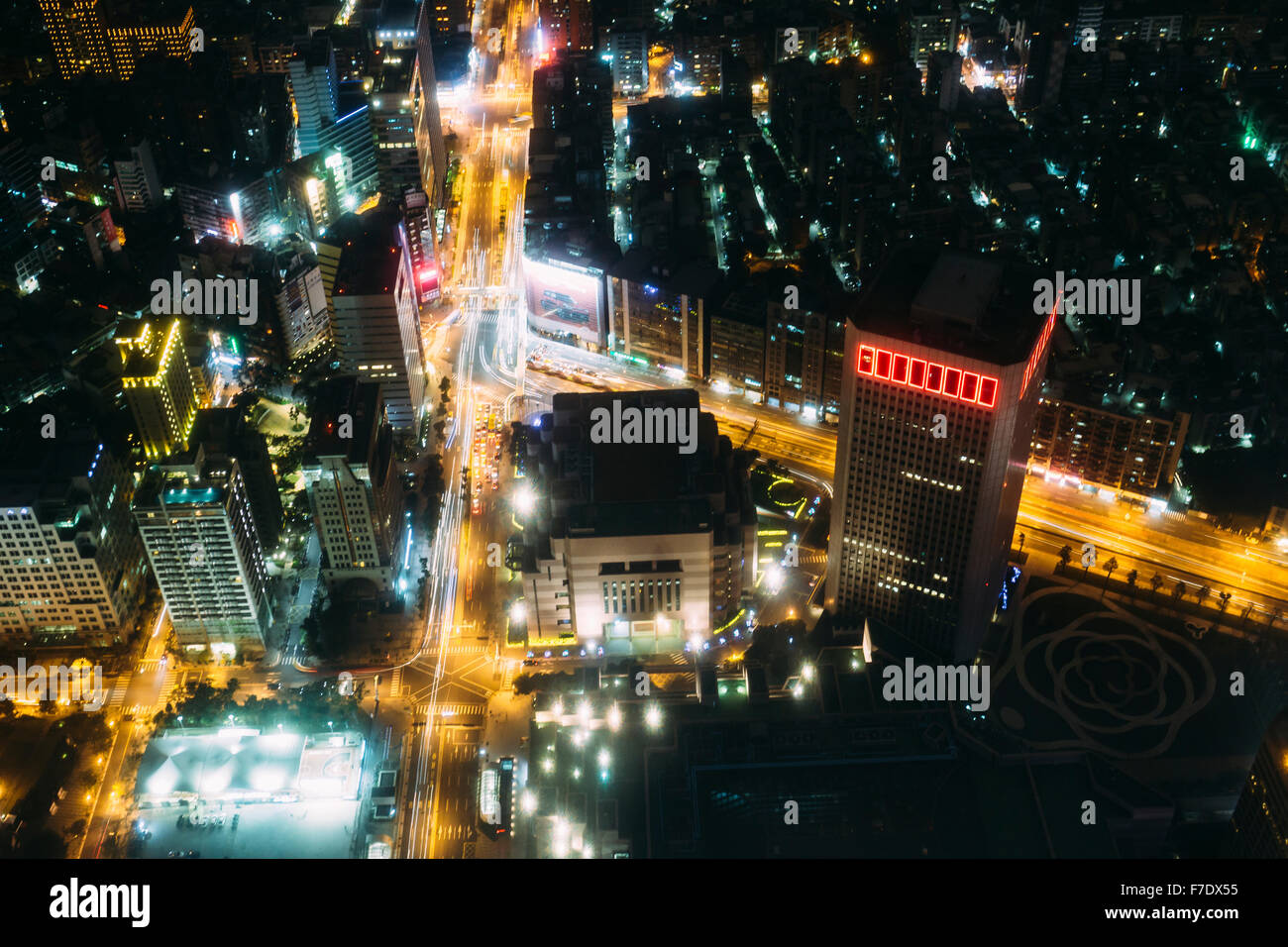 Taipei, Taiwan - Night view of Taipei city, seeing from 101 Tower at 89th floor. Stock Photo