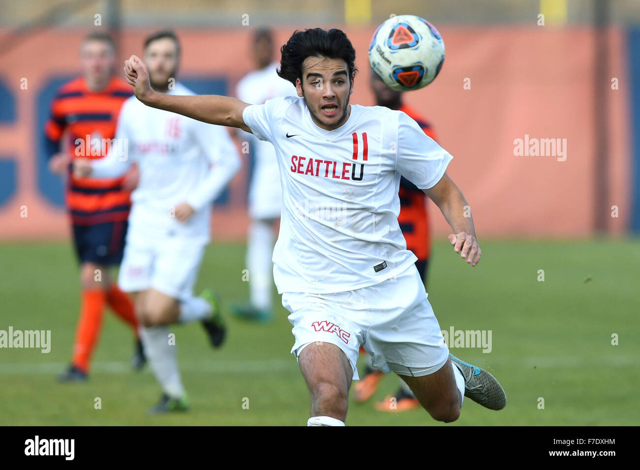 Syracuse, New York, USA. 29th Nov, 2015. Seattle Redhawks forward Hamza  Haddadi (11) reacts to a loose ball against the Syracuse Orange during the  second half of a NCAA Division I Men's, image size:1300x956